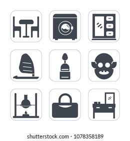 Premium fill icons set on white background . Such as ocean, chair, laundry, wood, machine, housework, science, water, chemistry, equipment, dessert, sport, wash, ufo, clothes, food, surf, table, speed