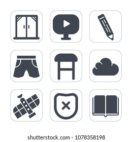 Premium fill icons set on white background . Such as house, wear, space, textbook, frame, clothing, education, pencil, sign, glass, interior, closed, planet, protection, template, button, modern, pen