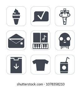 Premium fill icons set on white background . Such as note, sign, cold, cream, musical, mail, letter, sweet, chat, ice, sound, fashion, object, space, wineglass, message, drink, dessert, communication