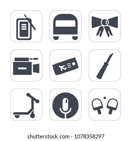 Premium fill icons set on white background . Such as movie, video, game, television, sound, pen, microphone, scooter, vehicle, suit, ticket, passenger, suzuri, inkstone, media, transport, equipment