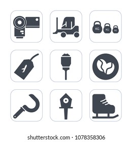 Premium fill icons set on white background . Such as harvest, business, photographer, technology, picture, car, transport, skating, agriculture, photo, weight, ice, sport, winter, truck, cargo, lens