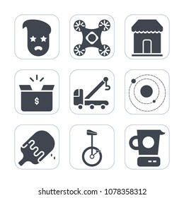 Premium fill icons set on white background . Such as system, retro, circus, tow, cardboard, galaxy, vintage, food, drone, control, cooking, science, market, store, car, shop, wireless, radio, hipster