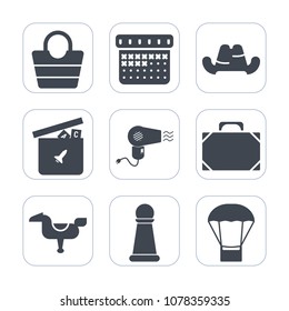 Premium fill icons set on white background . Such as king, event, hot, time, date, car, white, hair, air, accessory, chess, piece, schedule, game, bag, clothing, strategy, hairdryer, kid, teddy, happy