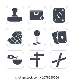 Premium fill icons set on white background . Such as poker, cut, commerce, banner, card, stamp, casino, market, add, gambling, geography, work, direction, world, post, pin, global, certificate, bag
