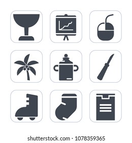 Premium fill icons set on white background . Such as leaf, delivery, skating, graphic, bottle, graph, business, kitchen, find, report, computer, look, object, palm, food, socks, summer, milk, roller