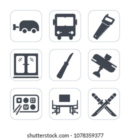 Premium fill icons set on white background . Such as kid, bus, pram, flight, wood, interior, construction, airplane, weapon, furniture, plane, knife, cabinet, chinese, metal, storage, travel, vehicle