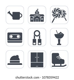 Premium fill icons set on white background . Such as drink, sport, bank, garden, alcohol, tape, object, food, style, architecture, city, headwear, training, hat, tool, cassette, colorful, candy, sign