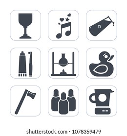 Premium fill icons set on white background . Such as chemical, bowling, toothpaste, treble, glass, drink, element, tool, clef, toothbrush, chemistry, sport, sound, mixer, hygiene, rubber, cocktail