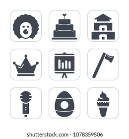 Premium fill icons set on white background . Such as equipment, report, circus, bakery, annual, sugar, dessert, landmark, character, pie, document, spanner, decoration, food, temple, sweet, microphone