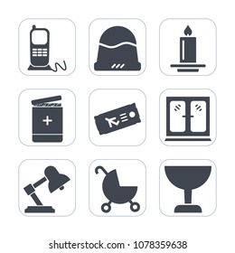 Premium fill icons set on white background . Such as phone, medical, technology, celebration, headwear, business, office, wax, cap, interior, lamp, baseball, glass, plane, cabinet, white, ticket, home