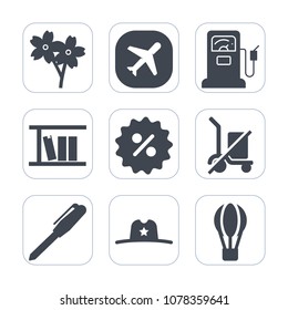 Premium fill icons set on white background . Such as sign, travel, cherry, shipping, transport, office, texas, pen, cowboy, sheriff, balloon, gasoline, air, spring, pink, fuel, petrol, book, hat, send