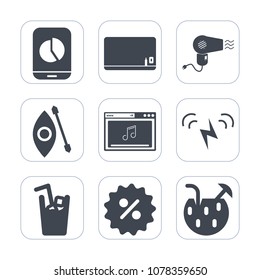 Premium fill icons set on white background . Such as space, juice, summer, board, chalk, sale, online, price, graph, music, cocktail, empty, texture, river, ecology, hairdryer, sun, sign, sea, kayak
