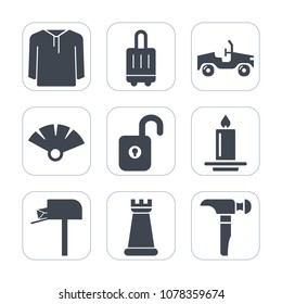 Premium fill icons set on white background . Such as vehicle, hammer, sensu, japanese, car, king, airport, bag, fan, clothing, message, saw, journey, security, suitcase, candle, terminal, clothes, box