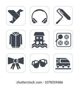Premium fill icons set on white background . Such as bow, suit, origami, kitchen, fashion, listen, paper, beer, tool, roller, transport, paint, painter, bar, van, pub, drink, headset, modern, bird