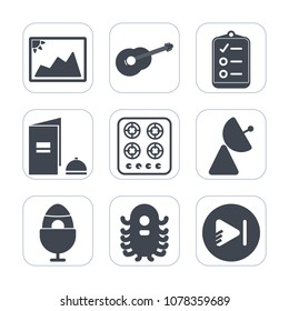 Premium Fill Icons Set On White Background . Such As Space, Book, Video, Sign, Play, Holiday, Radio, Paper, Page, String, Ufo, List, Music, Photography, Spring, Musical, Checklist, Mark, Photo, Check