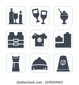 Premium fill icons set on white background . Such as drink, dress, glass, play, restaurant, vest, traffic, vine, headwear, white, clothing, kid, street, child, cone, fashion, summer, sweet, strawberry