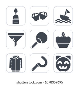 Premium fill icons set on white background . Such as sport, boat, drink, chocolate, lager, asian, kitty, sailboat, animal, sickle, alcohol, cat, jacket, filter, cake, farming, nautical, muffin, tennis