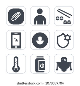 Premium fill icons set on white background . Such as male, cyborg, android, roll, jam, internet, profile, restaurant, futuristic, robot, fish, technology, temperature, rice, display, clip, document