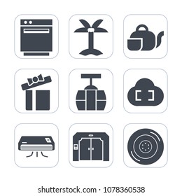 Premium fill icons set on white background . Such as summer, cooking, elevator, celebration, box, automobile, nature, leaf, air, plant, train, conditioner, appliance, wheel, coconut, burner, present