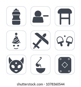Premium fill icons set on white background . Such as party, interface, travel, water, aircraft, sport, button, birthday, beverage, home, airplane, tennis, bottle, comfortable, user, poker, fun, food