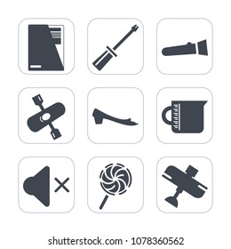 Premium fill icons set on white background . Such as river, sign, lollipop, airplane, footwear, transparent, lamp, glass, aircraft, document, work, tool, torch, fashion, mute, kayaking, night, water