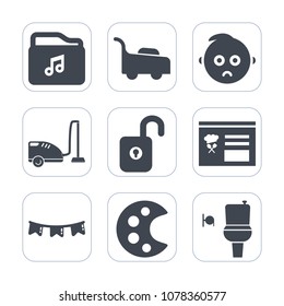 Premium fill icons set on white background . Such as security, file, format, cleaner, flag, baby, lawn, little, infant, background, internet, happy, gardening, celebration, restroom, music, housework