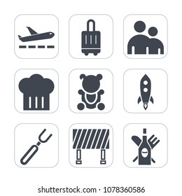 Premium fill icons set on white background . Such as wine, knife, tourism, spoon, departure, human, transportation, teddy, cute, plane, flight, restaurant, group, glass, fly, dinner, journey, suitcase
