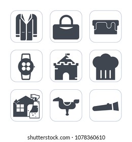 Premium fill icons set on white background . Such as pie, chief, restaurant, medieval, play, light, dessert, torch, time, woman, cleaner, architecture, fitness, travel, jacket, sport, fashion, happy