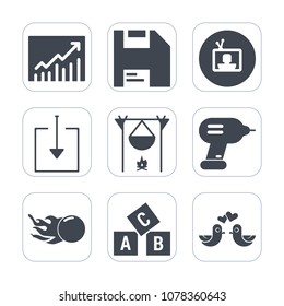 Premium fill icons set on white background . Such as technology, bird, education, industry, printer, campfire, alphabet, drill, fireplace, graph, business, comet, pigeon, animal, screen, media, dove