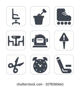 Premium fill icons set on white background . Such as armchair, skating, cricket, childhood, sand, child, match, competitive, fun, family, science, competition, clock, exclamation, dinner, alarm, sport
