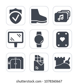 Premium fill icons set on white background . Such as secure, bar, food, banner, screen, technology, play, street, security, traffic, music, element, sweet, device, game, chocolate, smart, format, sign