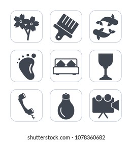 Premium fill icons set on white background . Such as small, art, foot, communication, cherry, equipment, white, baby, newborn, sea, power, screen, branch, video, double, sakura, japan, spring, glass