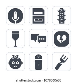 Premium fill icons set on white background . Such as pepper, music, information, green, sign, record, microphone, talk, child, traffic, light, transportation, lamp, data, cute, baby, safety, bubble