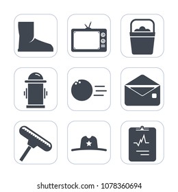 Premium fill icons set on white background . Such as object, plastic, mail, handle, television, video, bowling, black, message, equipment, boot, west, technology, tv, hat, department, sport, texas