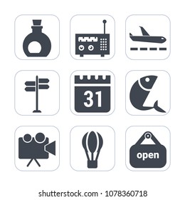 Premium fill icons set on white background . Such as web, food, hot, time, airplane, green, open, technology, olive, video, healthy, projector, timetable, seafood, media, sea, sign, plane, business