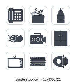 Premium fill icons set on white background . Such as equipment, video, file, comet, handle, cooking, pan, internet, art, format, tv, document, media, astronomy, spray, meteor, camera, phone, call, web