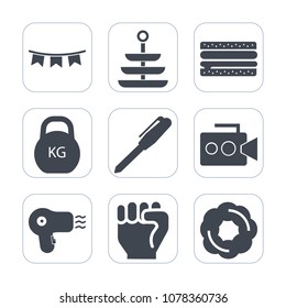 Premium fill icons set on white background . Such as happy, heavy, meat, cheeseburger, kitchen, cake, background, human, finger, doughnut, dryer, decoration, burger, dessert, equipment, handle, party