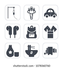 Premium fill icons set on white background . Such as food, auto, costume, transport, backpack, wineglass, hospital, drive, speed, bar, object, bowl, traditional, wine, chinese, school, red, japan, bag