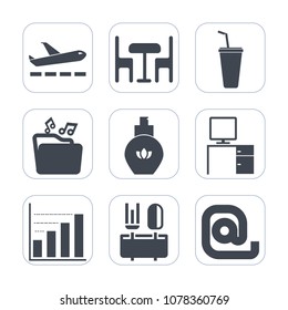 Premium fill icons set on white background . Such as female, chair, internet, aroma, furniture, plane, dinner, spoon, interior, flight, restaurant, cold, airplane, envelope, drink, table, web, juice