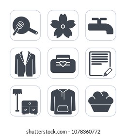 Premium fill icons set on white background . Such as style, blue, flower, nature, bag, pan, japan, table, top, business, construction, suit, clothing, bed, pot, leather, branch, pink, water, kitchen