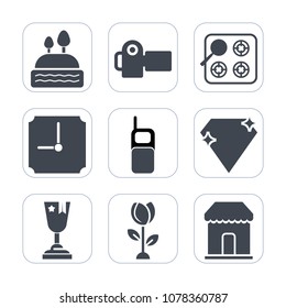 Premium fill icons set on white background . Such as jewel, time, winner, camera, old, clock, nature, photography, floral, gem, shop, oven, bakery, food, blossom, achievement, gas, stove, muffin, lens