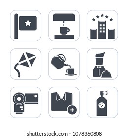 Premium fill icons set on white background . Such as leisure, sky, technology, country, equipment, hotel, flag, cup, kitchen, bed, toy, plate, spray, photography, travel, restaurant, white, hot, kite
