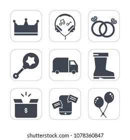Premium fill icons set on white background . Such as technology, phone, leather, container, mobile, delivery, romance, element, king, style, birthday, rattle, headset, child, earphone, box, gift, sign