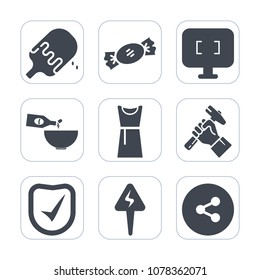Premium fill icons set on white background . Such as striped, white, social, computer, female, food, summer, industry, builder, glass, dress, dessert, screen, media, security, sweet, energy, sign, ice
