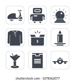 Premium fill icons set on white background . Such as decoration, candle, android, sport, delivery, technology, package, drink, airplane, pack, bar, digital, bicycle, glass, robot, science, flight, box