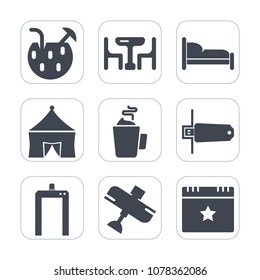 Premium fill icons set on white background . Such as room, ice, party, aircraft, plane, tropical, time, travel, celebration, cup, scan, flight, dinner, entertainment, machine, drink, star, alcohol