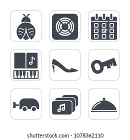 Premium fill icons set on white background . Such as bug, service, date, carriage, fashion, elegant, calendar, dragon, restaurant, lady, sign, footwear, timetable, baby, sound, musical, music, female