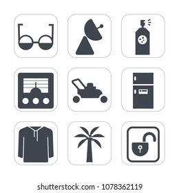 Premium fill icons set on white background . Such as eye, appliance, kitchen, radio, freezer, clothing, lock, home, wave, unlock, white, art, silhouette, lawnmower, garden, lawn, eyeglasses, , tool