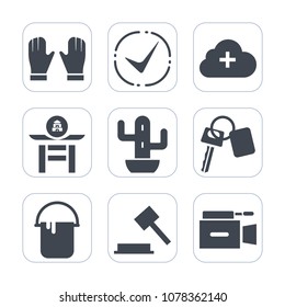 Premium fill icons set on white background . Such as protection, key, add, painter, microphone, paint, work, sign, japan, music, cloud, glove, upload, japanese, correct, television, justice, taiko