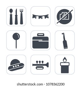 Premium fill icons set on white background . Such as happy, technology, toothbrush, party, flag, wax, fire, meal, business, kitchen, dental, spacecraft, camera, ufo, colorful, spoon, no, drop, music